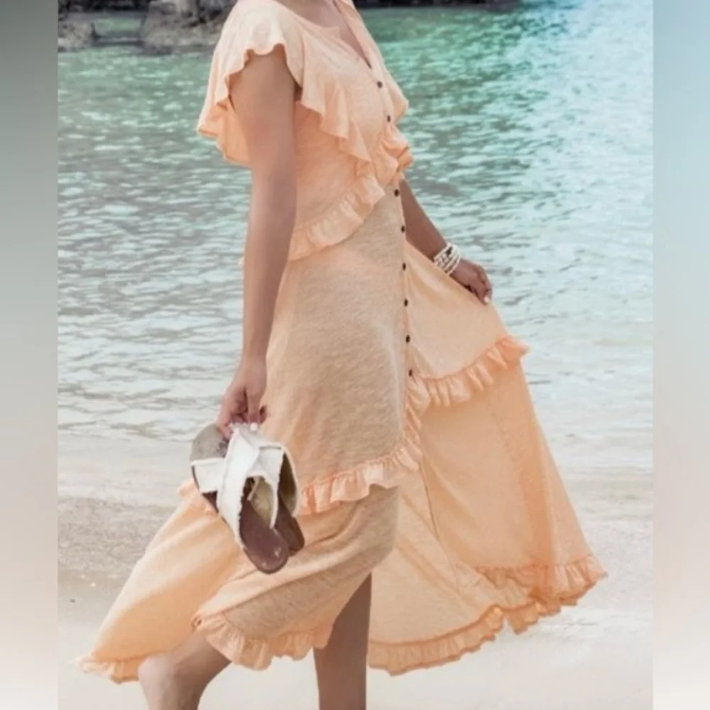 Free People FP Beach Women’s Amelia Maxi Gauzy Ruffle Romantic Flowey Dress‎ M - Picture 2 of 11